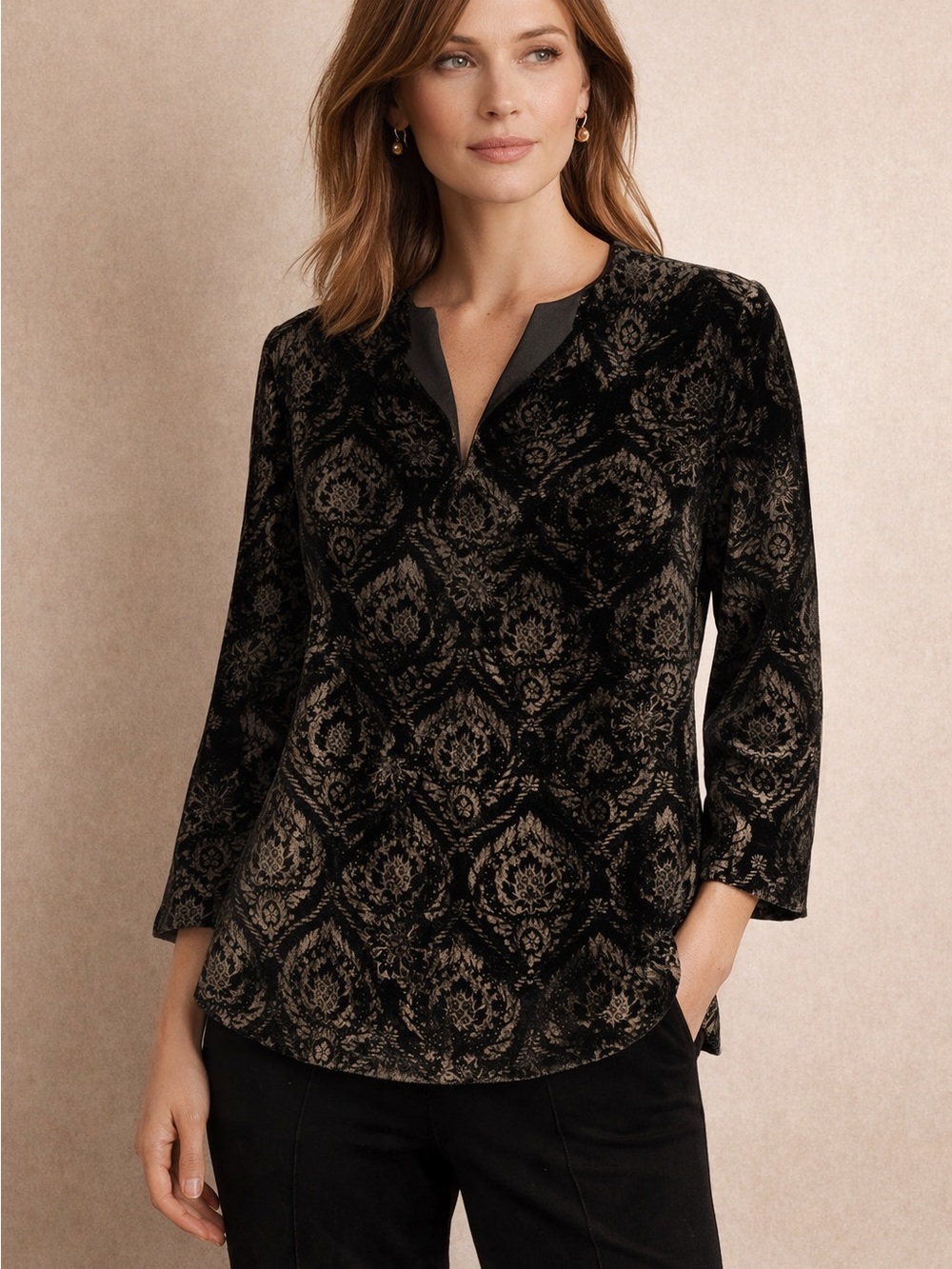Lafayette 148 New York Black Shimmer Print Velvet Silk Blend Top Blouse Size 4